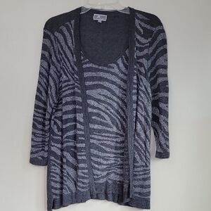 JM‎ Collection Mock Twin Set Cardigan Grey/Silver Zebra Stripes Woman's PXL